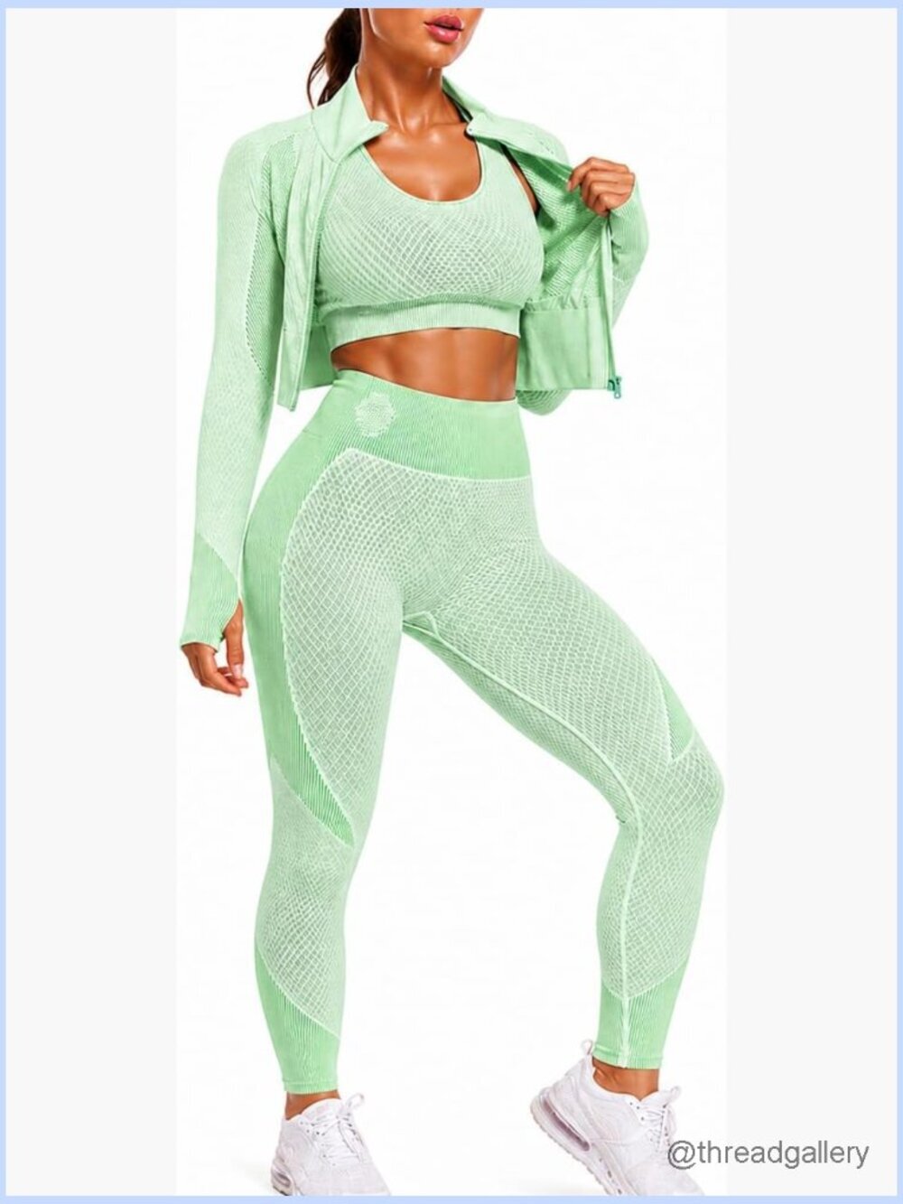 3pc Seamless Gym Outfit Zip Jacket Bra Leggings Set Workout Activewear